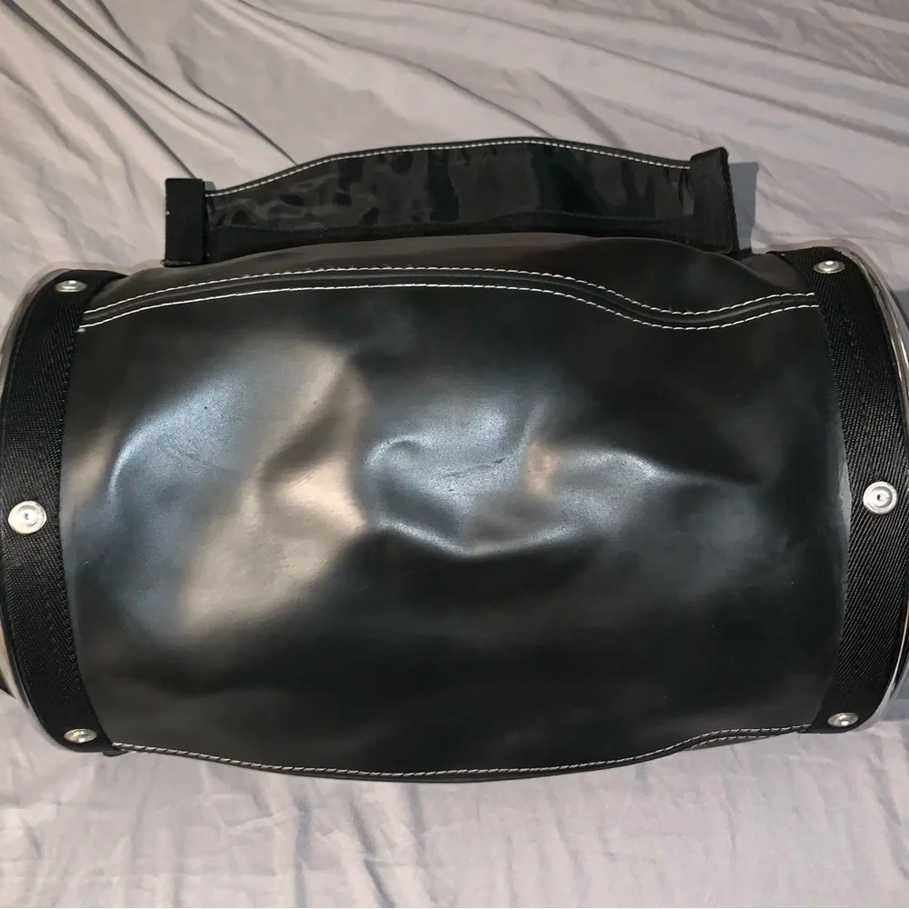 Harley Davidson Chrome Hubcap Leather Travel Duffle Bag Silver black